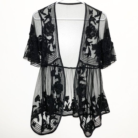 Tops - Black Floral Lace Sheer Wrap Cover Cardigan Top
